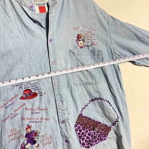 Color Works Red Hat Society Denim‎ Blouse Purple Leopard Print - Size XL - Picture 9 of 11